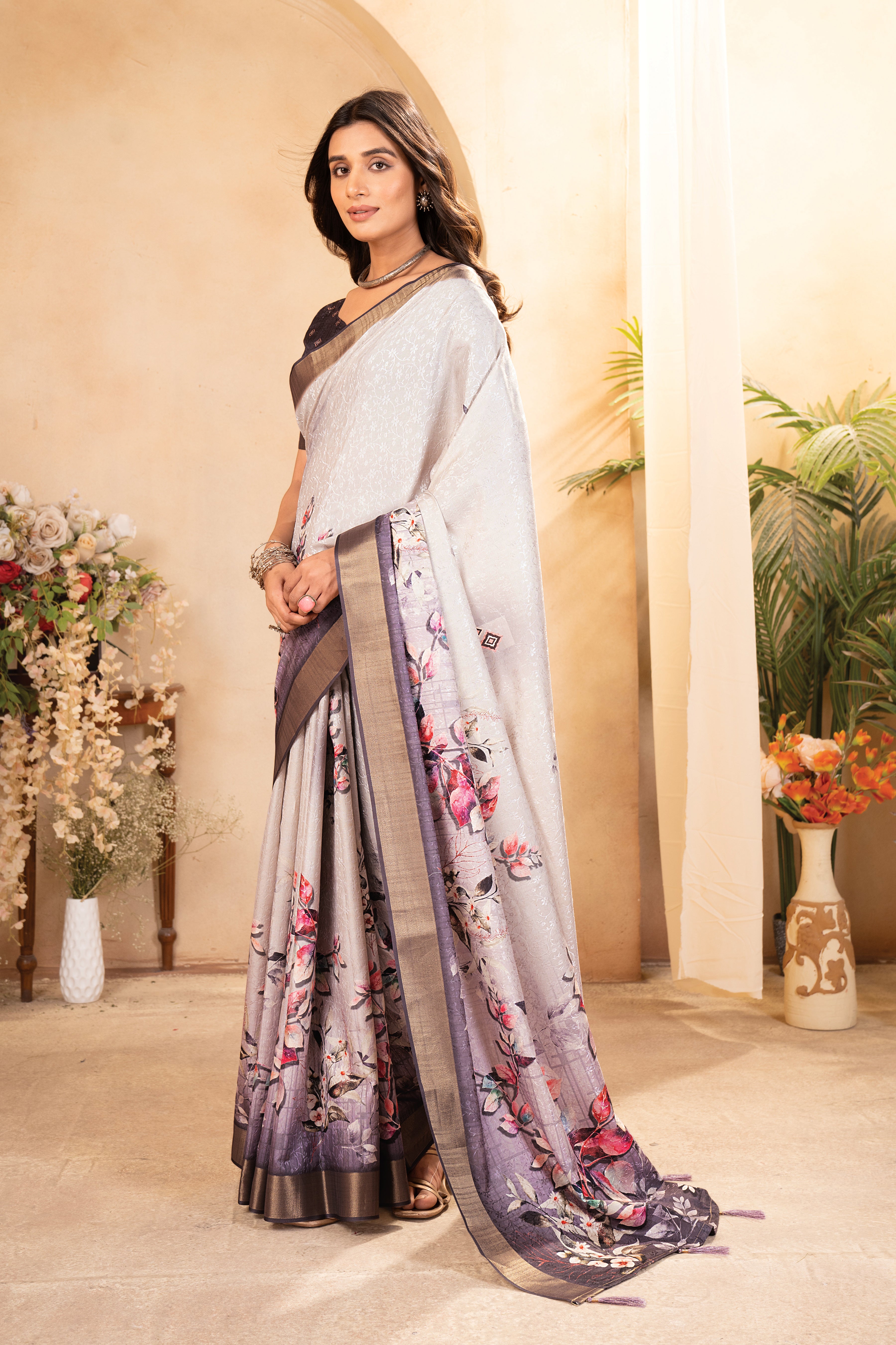 White Purple Floral Saree